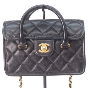 CHANEL 25AW Black Lambskin Gold Hardware Matelassé 2-Way Mini Flap Chain Hand...